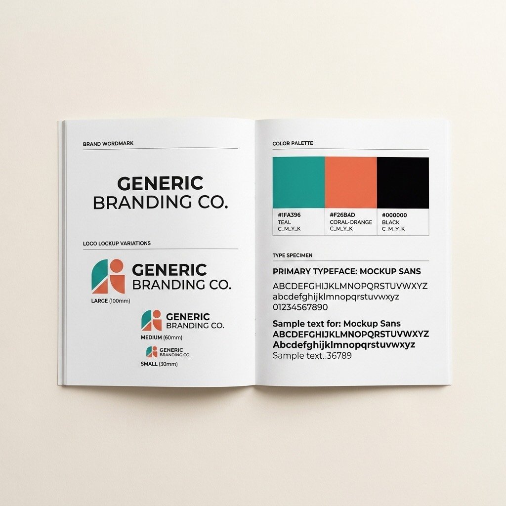 Open brand guidelines book showing wordmark, logo lockups, color palette and type specimen