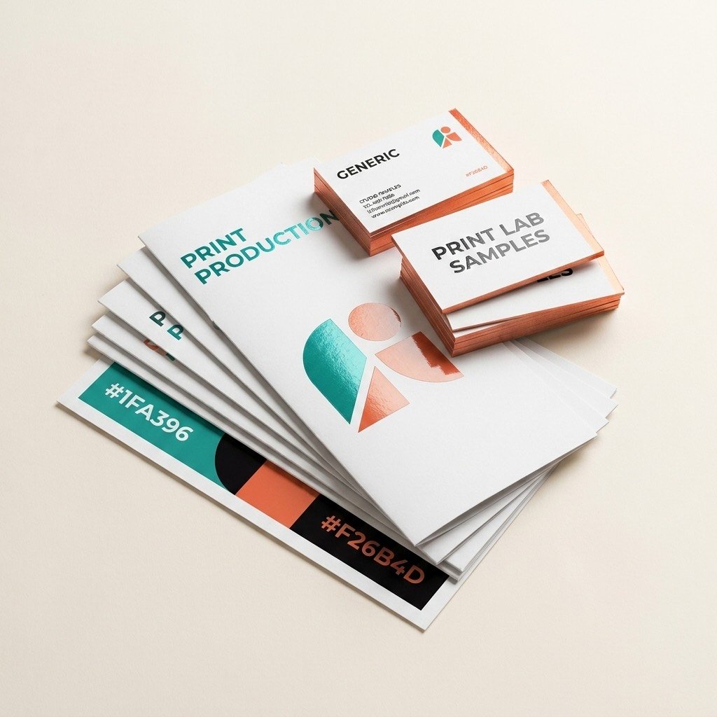 Stack of printed brochures and business cards with teal foil hex-code covers