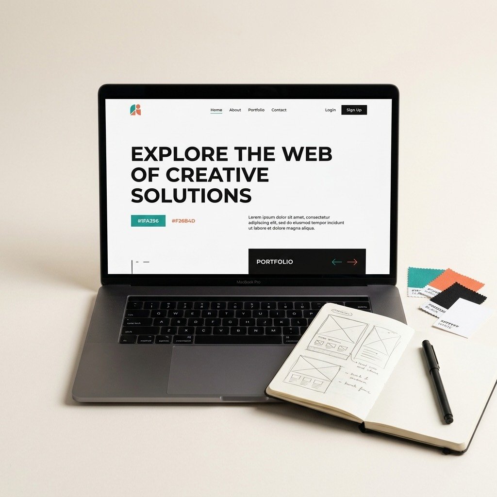 Laptop showing a creative-solutions website design beside a wireframe sketchbook