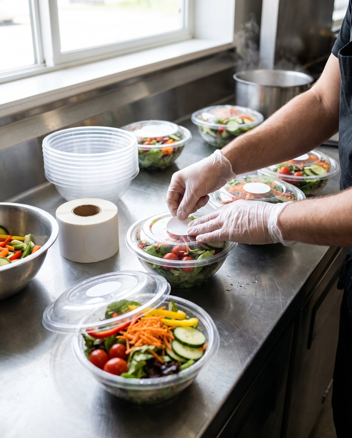 Concept visual: round labels being applied to the lids of takeaway salad bowls on a stainless prep counter
