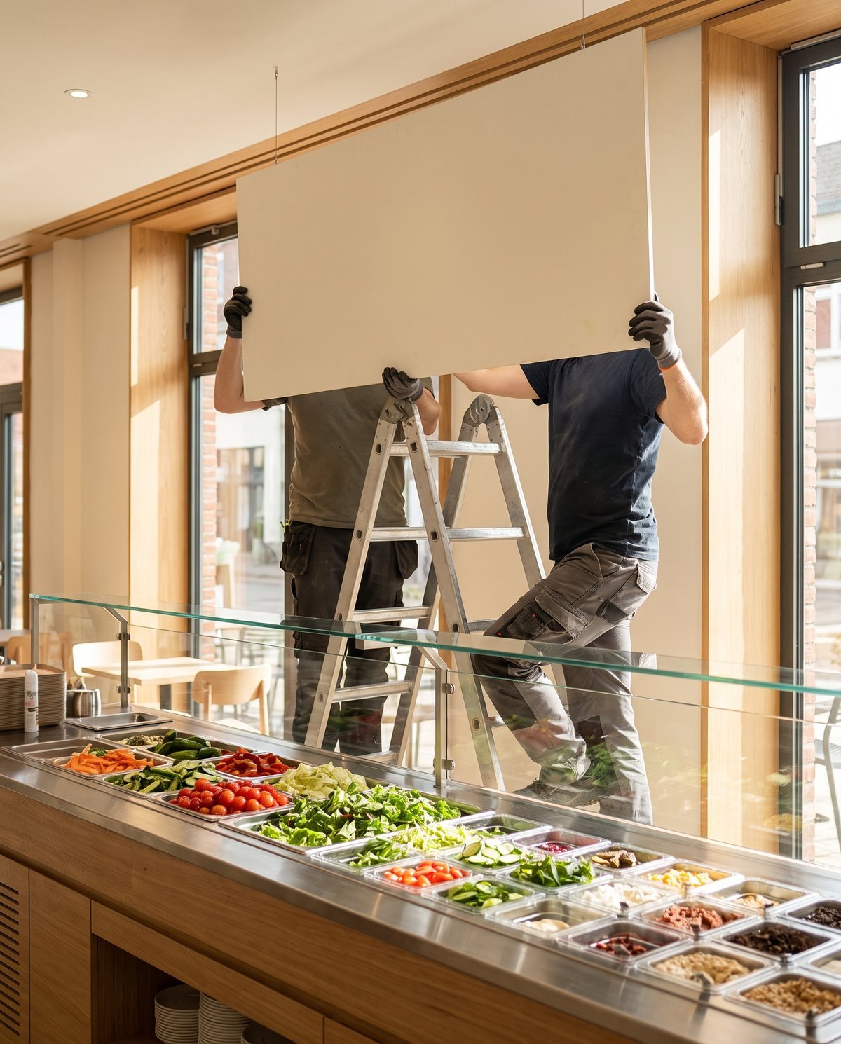Concept visual: a large printed menu board being mounted above a food counter in a bright serving area
