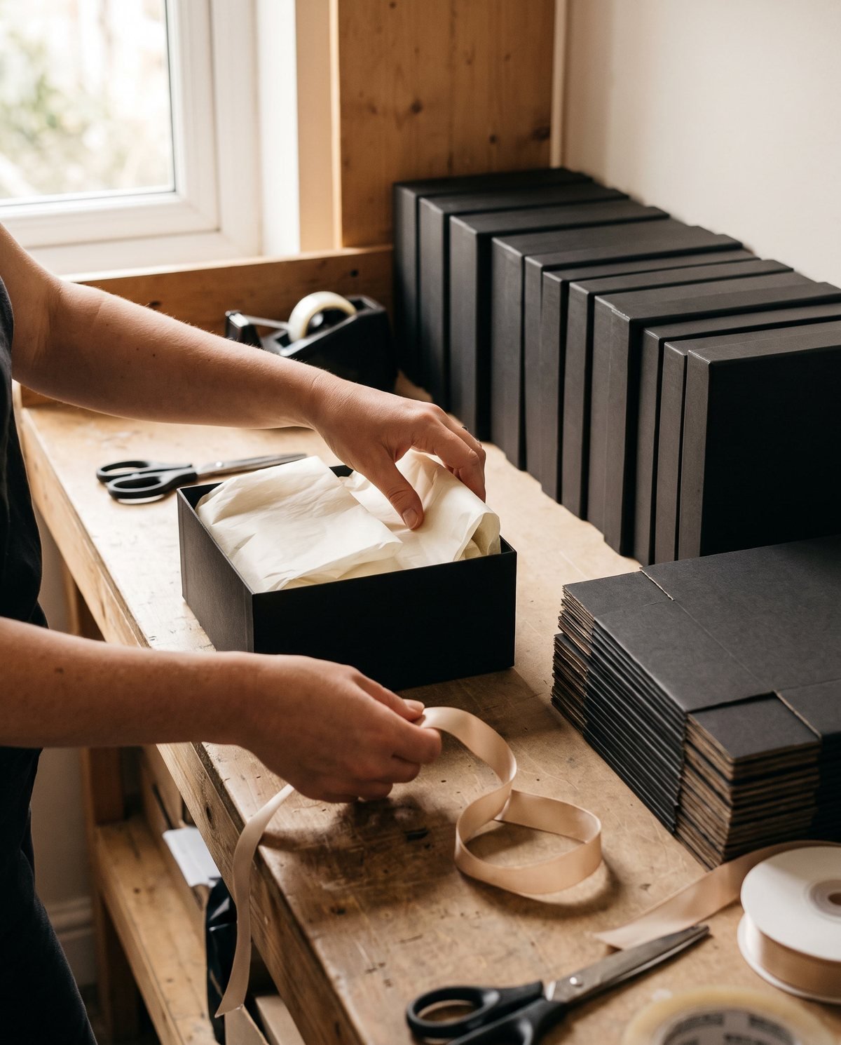 Concept visual: black gift boxes being assembled with tissue paper and ribbon on a packing bench