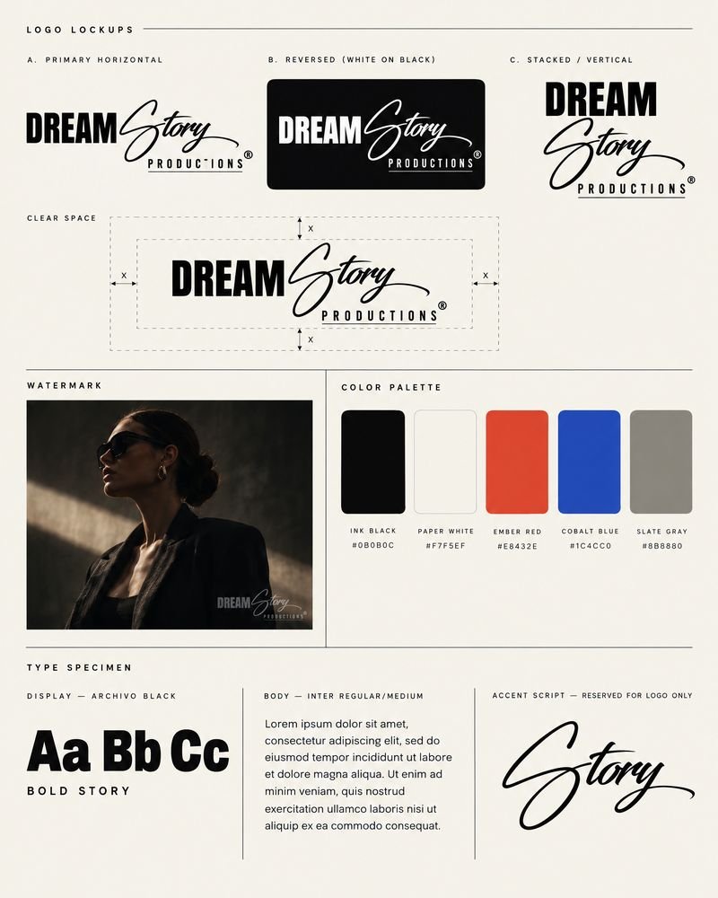 Dream Story Productions brand board — horizontal, reversed and stacked lockups, clear-space rule, watermark on a portrait, five-colour palette and Archivo Black / Inter / script specimen