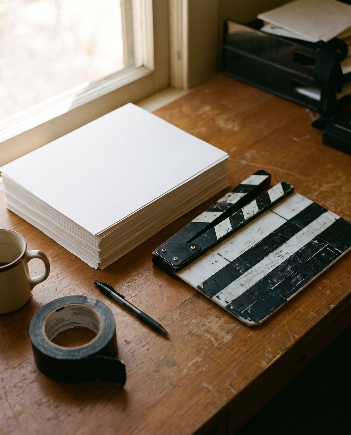 Concept visual: a stack of freshly printed call sheets and a film slate on a production office desk