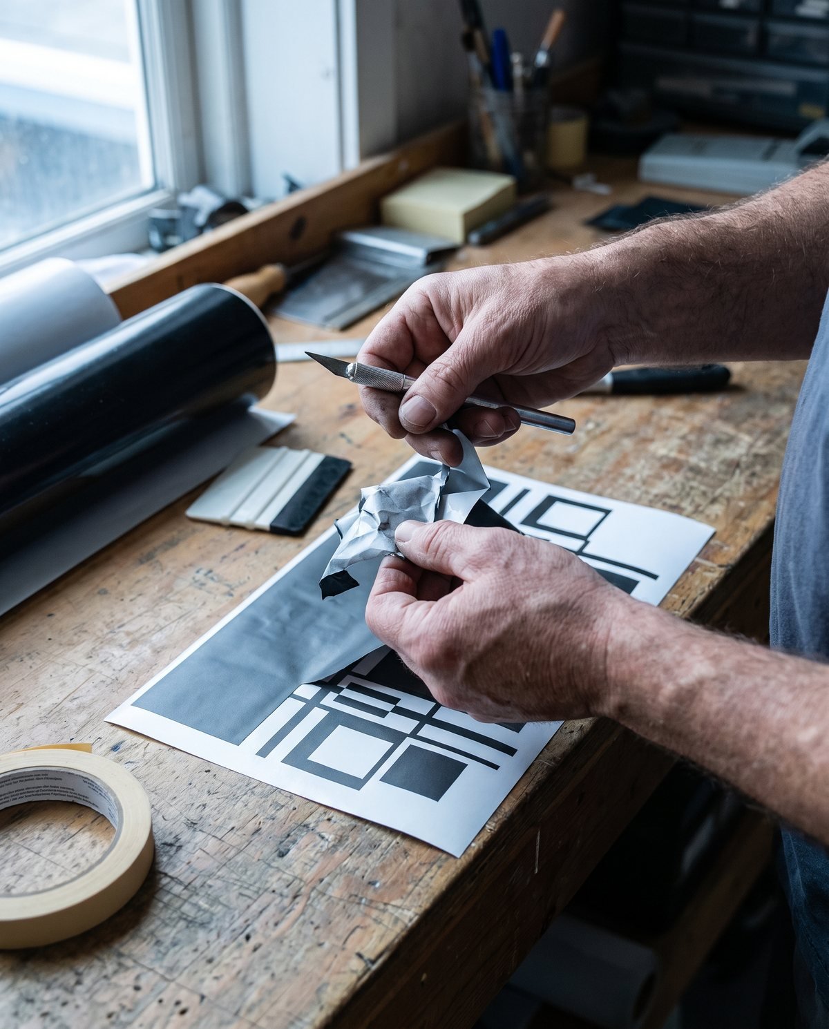 Concept visual: hands weeding cut vinyl lettering from a sheet on a workbench with a craft knife
