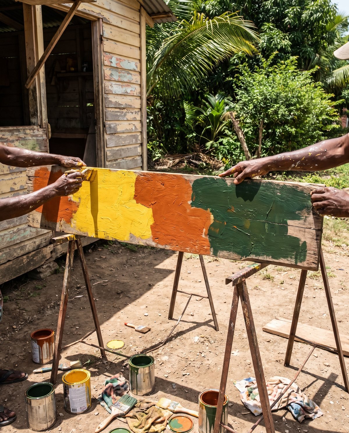 Concept visual: a large wooden sign board being hand-painted in bright colours outside a small roadside food shack