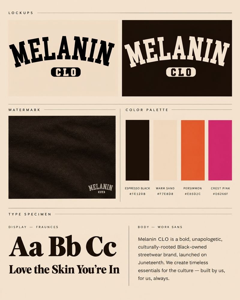 Melanin CLO brand board — arched varsity wordmark on sand and espresso, watermark on fabric, four-colour palette and Fraunces / Work Sans type specimen