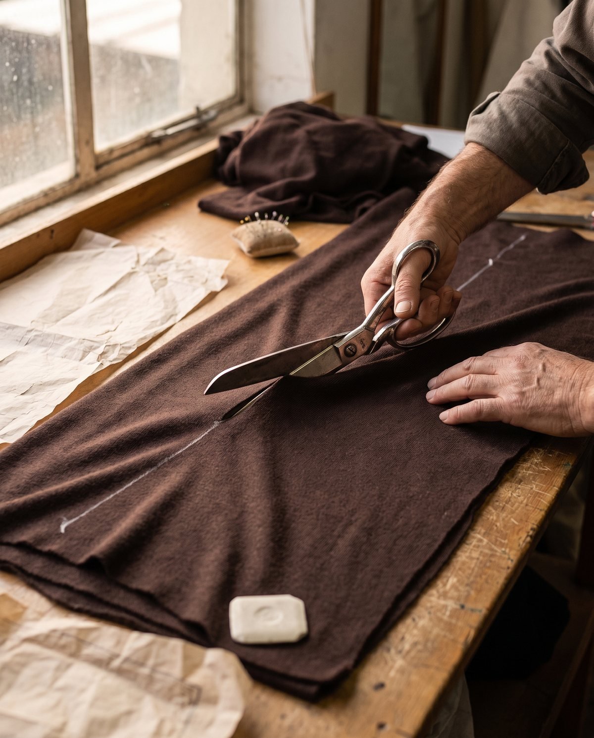 Concept visual: hands cutting deep brown jersey fabric with tailoring shears along a chalked line on a cutting table