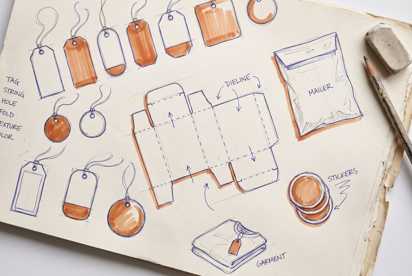 Concept sketch sheet: hang tag shapes with string holes, a folded box dieline, a mailer bag and sticker studies