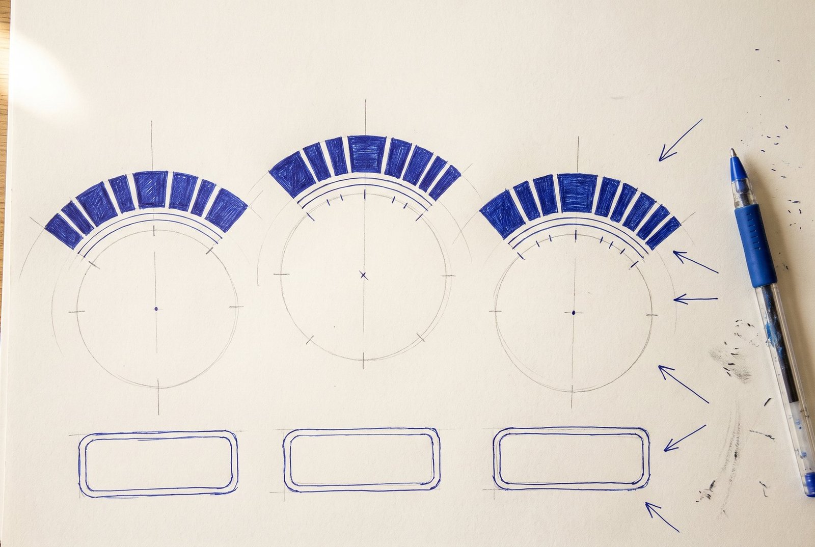 Concept sketch sheet: arched logotype studies blocked in as solid shapes on a curved baseline, with construction arcs, a radius circle and name-tag outlines