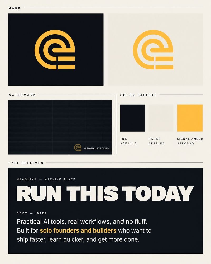 SignalStack brand board — amber mark on ink and paper, watermark, three-colour palette and Archivo Black / Inter type specimen