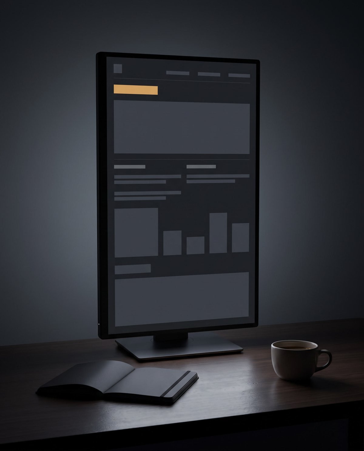 Concept visual: a dark dashboard interface on a monitor, its panels and charts shown as plain blocks with a single amber accent