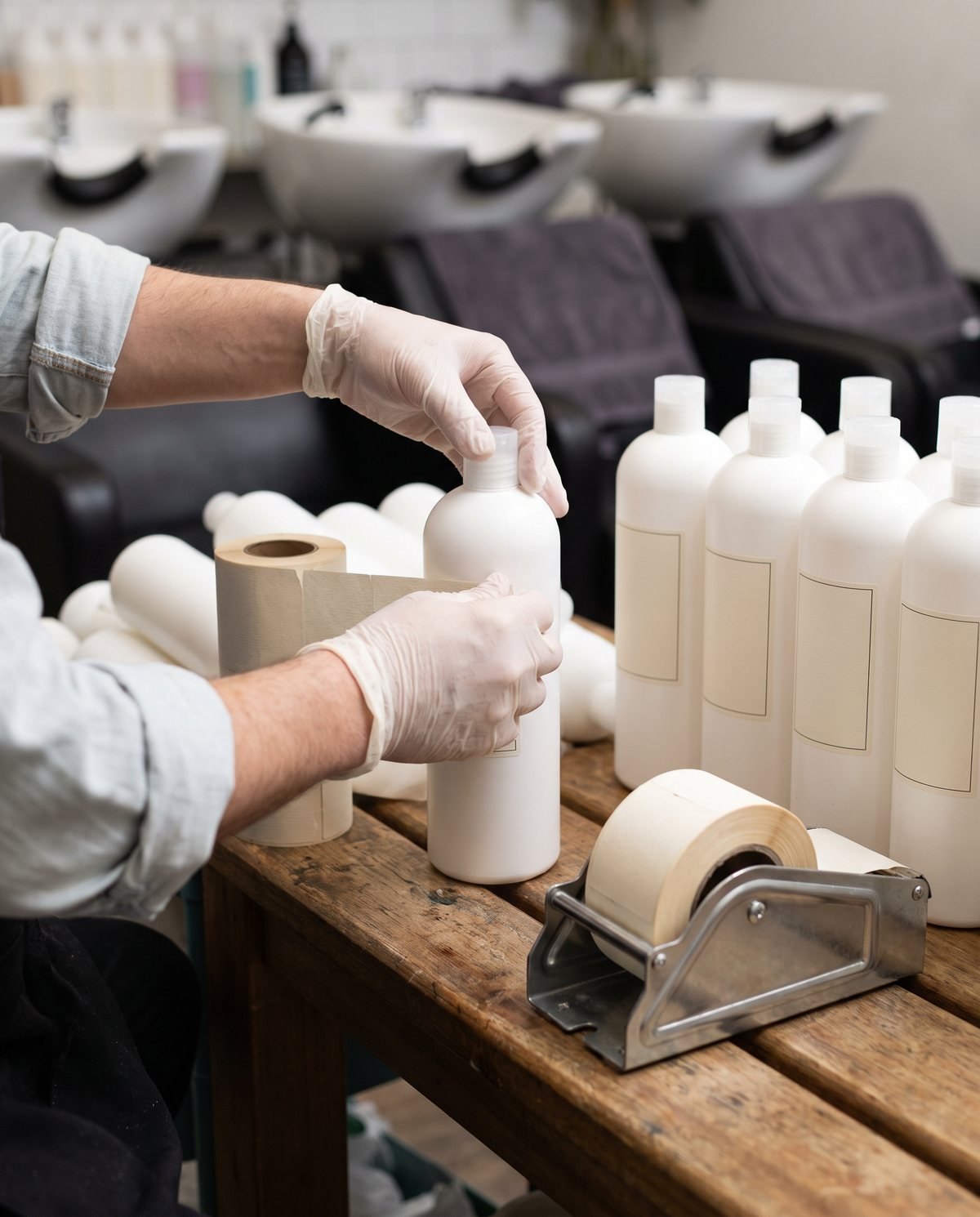 Concept visual: labels being applied to white hair-care bottles from a roll on a bench