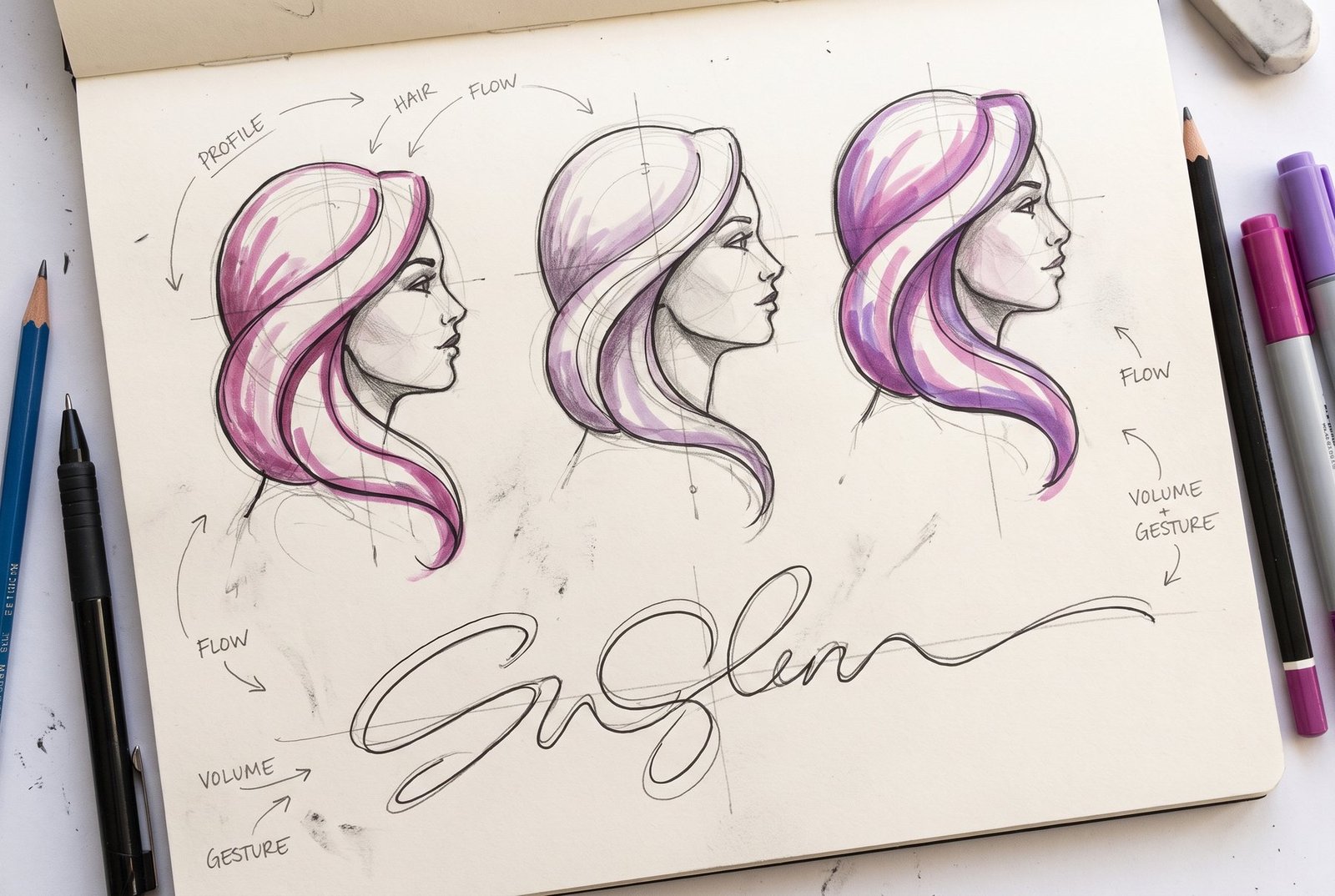 Concept sketch sheet: stylised head-and-shoulders profile studies in line with hair drawn as flowing shapes, above a looping ribbon line standing in for a script wordmark