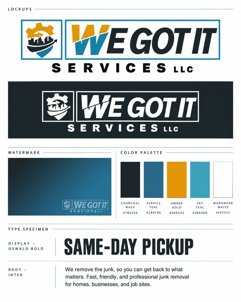 We Got It Services LLC brand board — boxed lockup on white and charcoal, watermark, five-colour palette and Oswald / Inter type specimen
