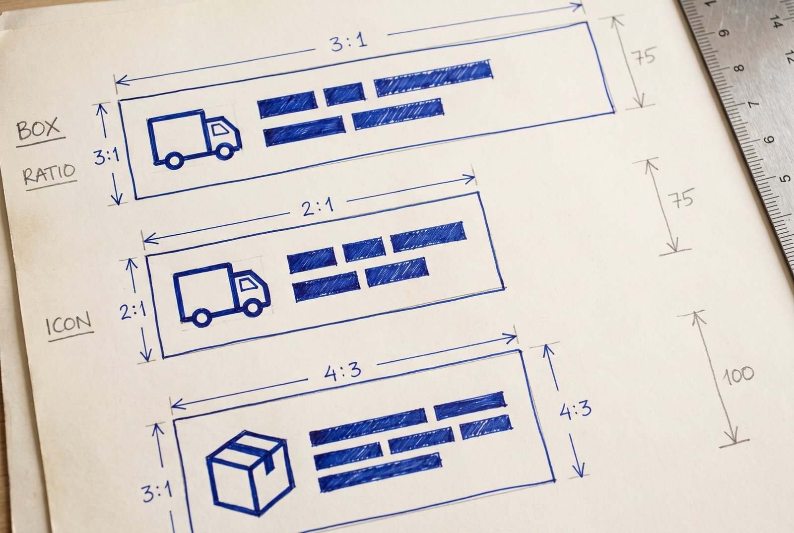 Concept sketch sheet: boxed logo lockup studies at three proportions, each with a bold truck or box pictogram beside the wordmark blocked in as solid bars, with dimension arrows