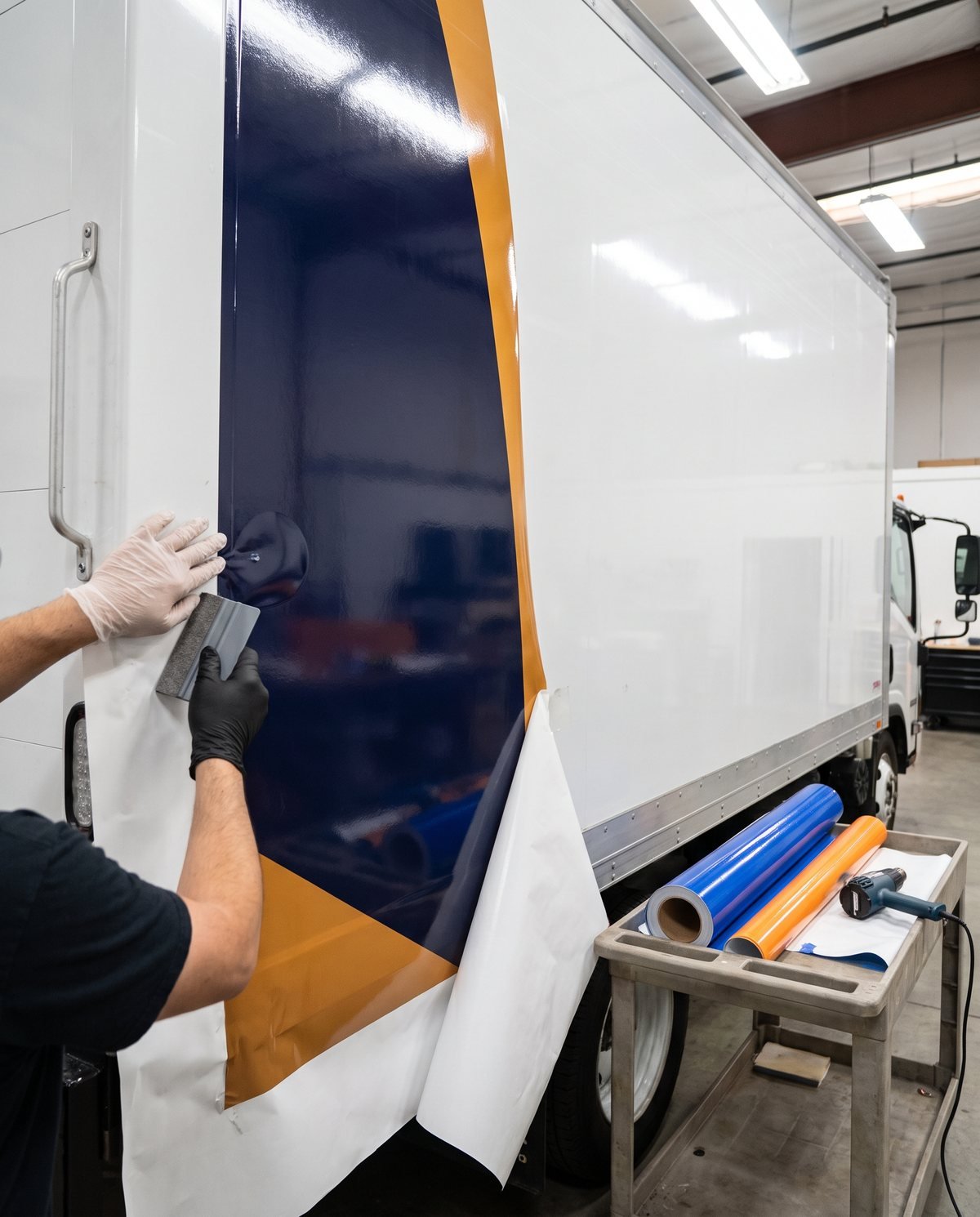 Concept visual: a large vinyl decal being squeegeed onto the flat panel of a white box truck