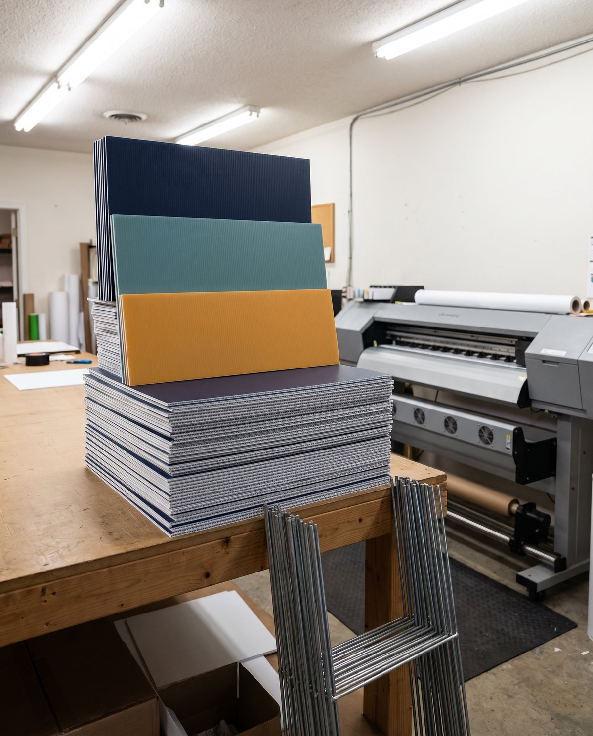 Concept visual: freshly printed corrugated yard signs stacked beside a wide-format printer with wire stakes