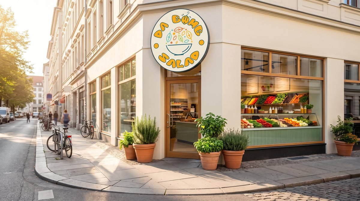 Mockup of the Da Bomb Salad logo on a round sign above a salad bar storefront
