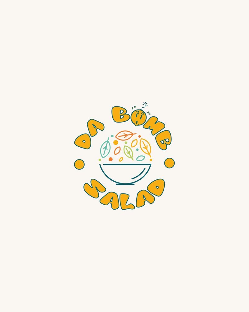 Da Bomb Salad logo — circular lettered badge around a salad-bowl icon, designed in house by Dalc