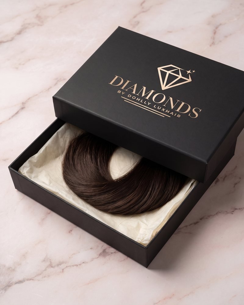 Mockup of the Diamonds by Dohlly Luxhair logo in gold foil on a black hair-extension gift box