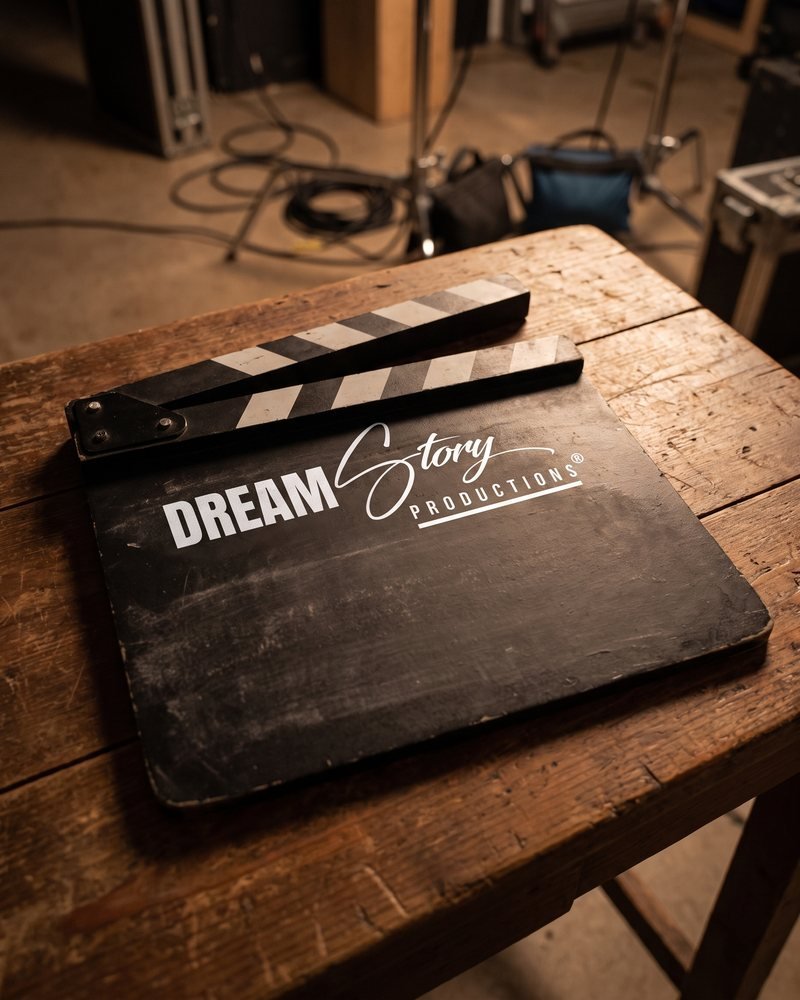 Mockup of the Dream Story Productions logo printed on a film clapperboard