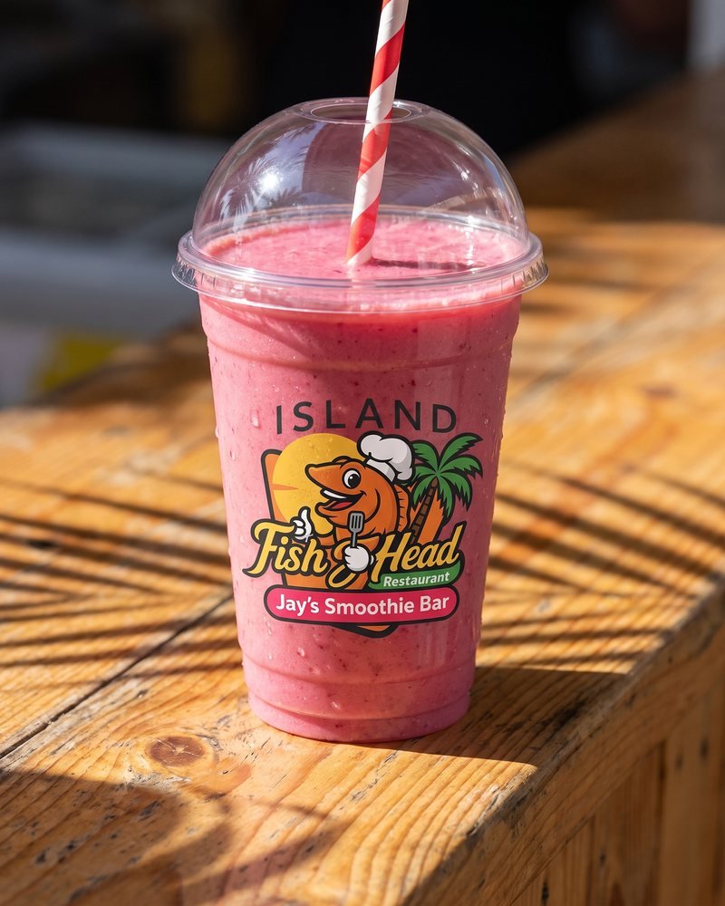 Mockup of the Island Fish Head and Jay's Smoothie Bar logo on a smoothie cup