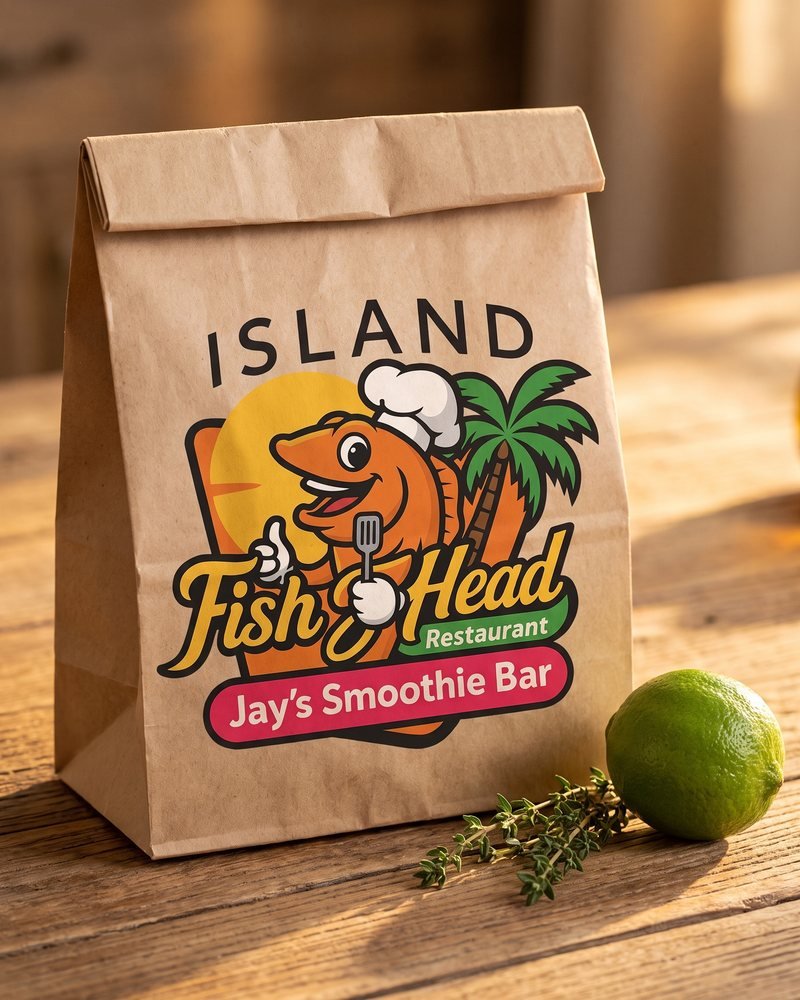Mockup of the Island Fish Head and Jay's Smoothie Bar logo printed on a kraft takeaway bag