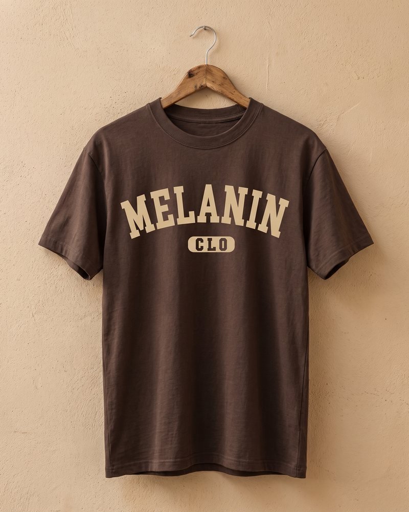 Mockup of the Melanin CLO logo printed on an espresso-brown t-shirt