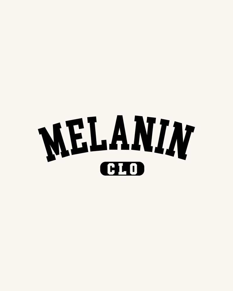 Melanin CLO logo — arched varsity wordmark with a CLO tag, designed in house by Dalc