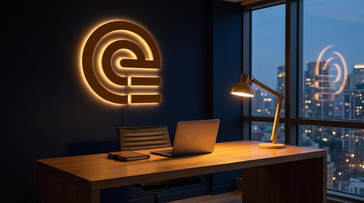 Mockup of the SignalStack symbol as a backlit amber sign in a workspace