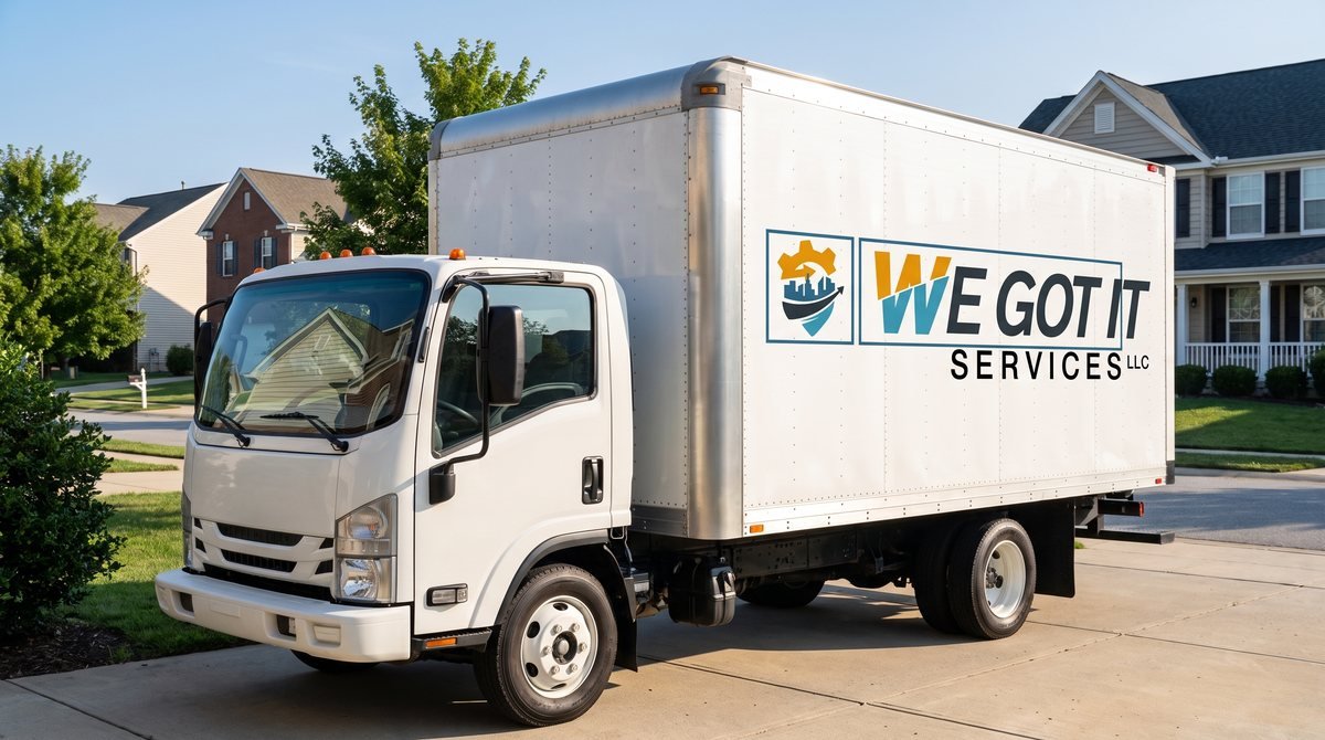 Mockup of the We Got It Services logo on the side of a white box truck